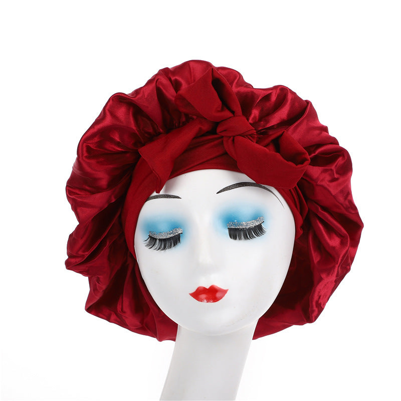 Satin Ribbon Round Sleep Cap with Bow — Imitation Silk Wide-Brimmed Hair Care Hat