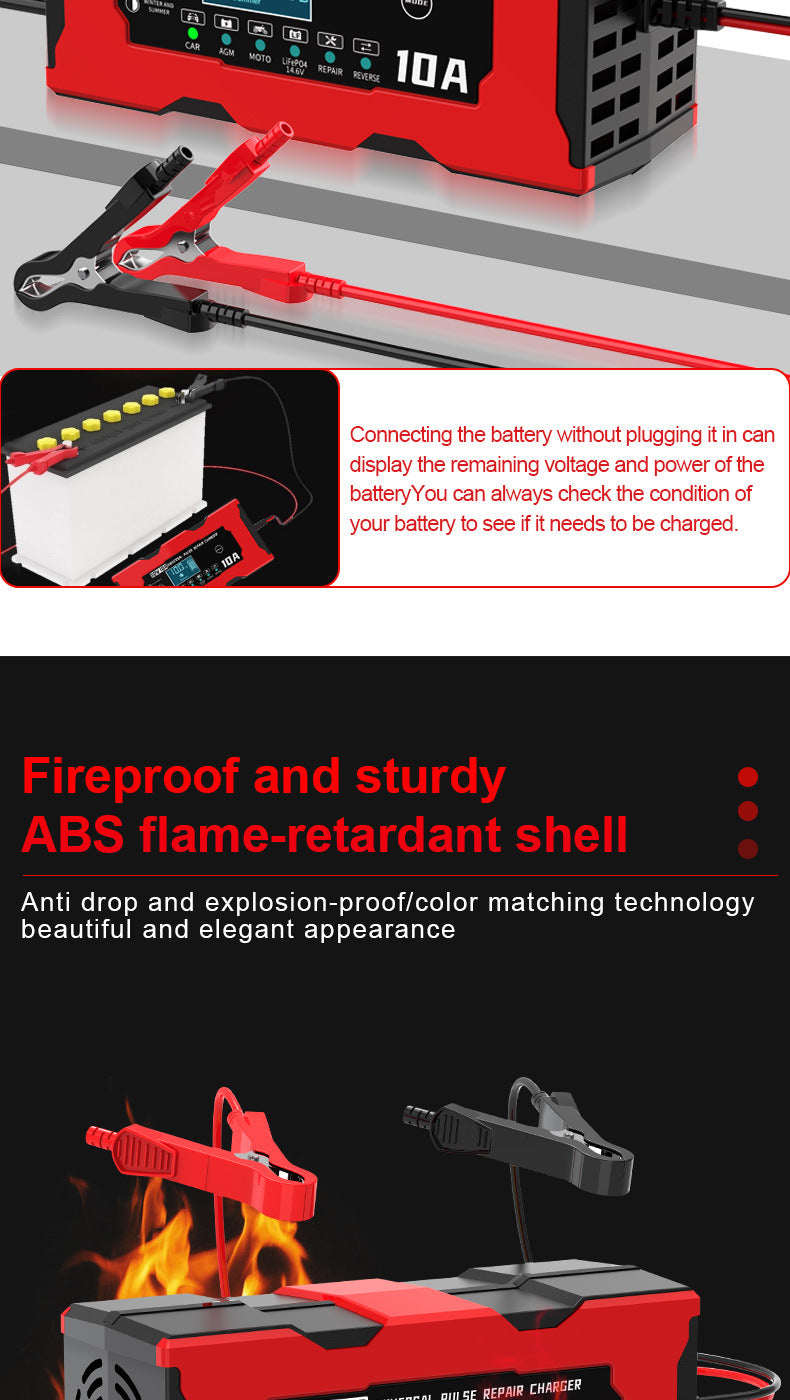 12V 10A Smart Car Battery Charger – LiFePO4 Lead Acid AGM GEL Motorcycle Battery Repair Charger