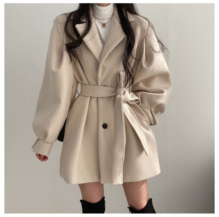 Women's Mid-Length Woolen Coat — Korean Hepburn Style with Strap Detail