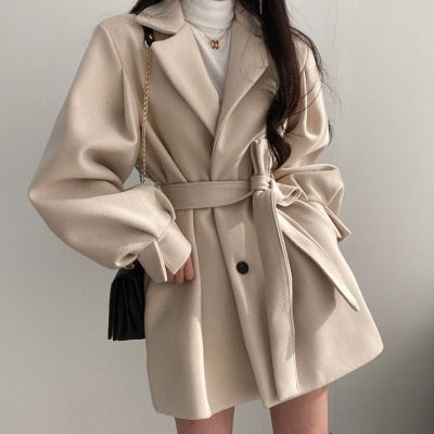 Women's Mid-Length Woolen Coat — Korean Hepburn Style with Strap Detail