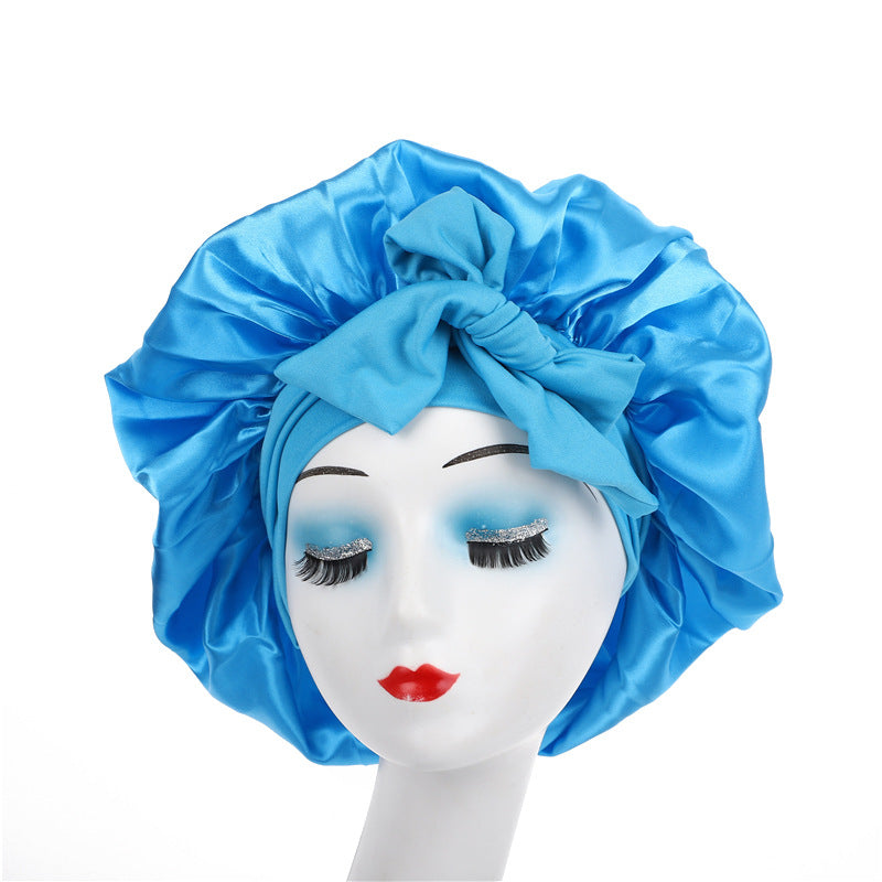 Satin Ribbon Round Sleep Cap with Bow — Imitation Silk Wide-Brimmed Hair Care Hat
