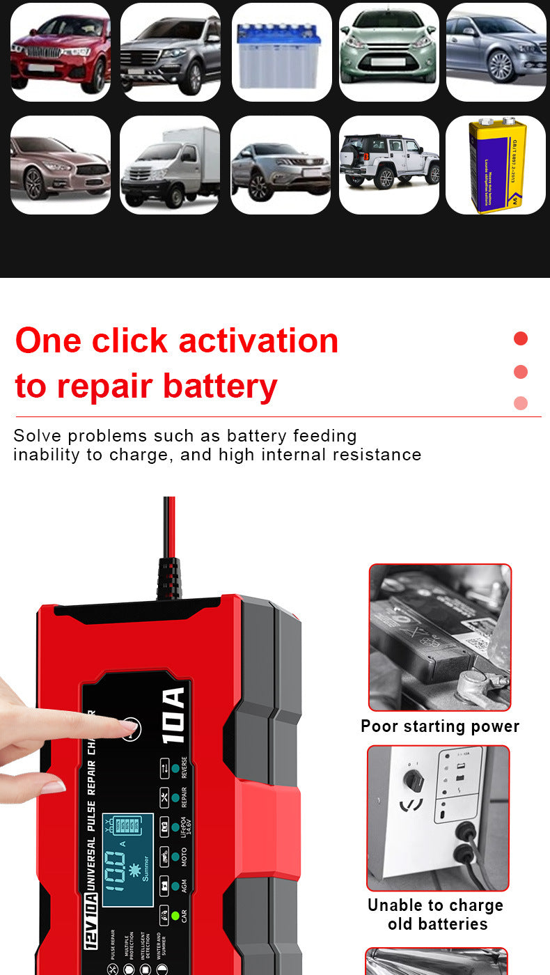 12V 10A Smart Car Battery Charger – LiFePO4 Lead Acid AGM GEL Motorcycle Battery Repair Charger