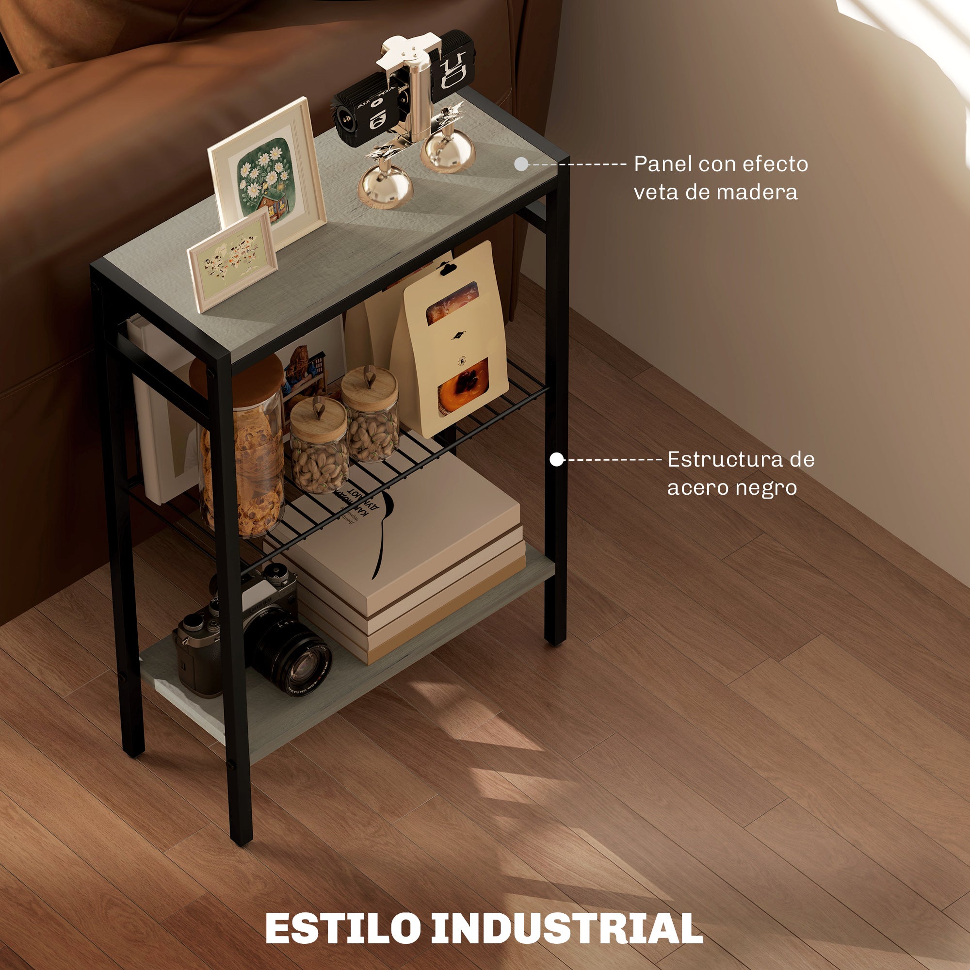 Homcom Narrow Side Table with 3 Levels with Open Shelves and Steel Structure for Living Room Bedroom 43X18X62.5Cm