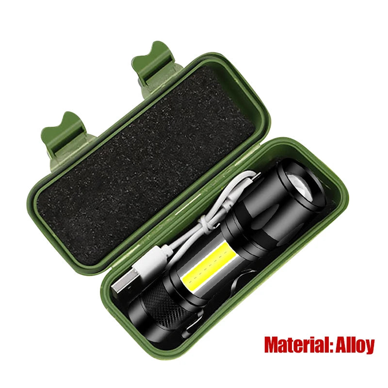 Mini COB+XPE LED Flashlight – USB Rechargeable, Zoomable, 3 Modes with Pocket Clip for Camping & EDC