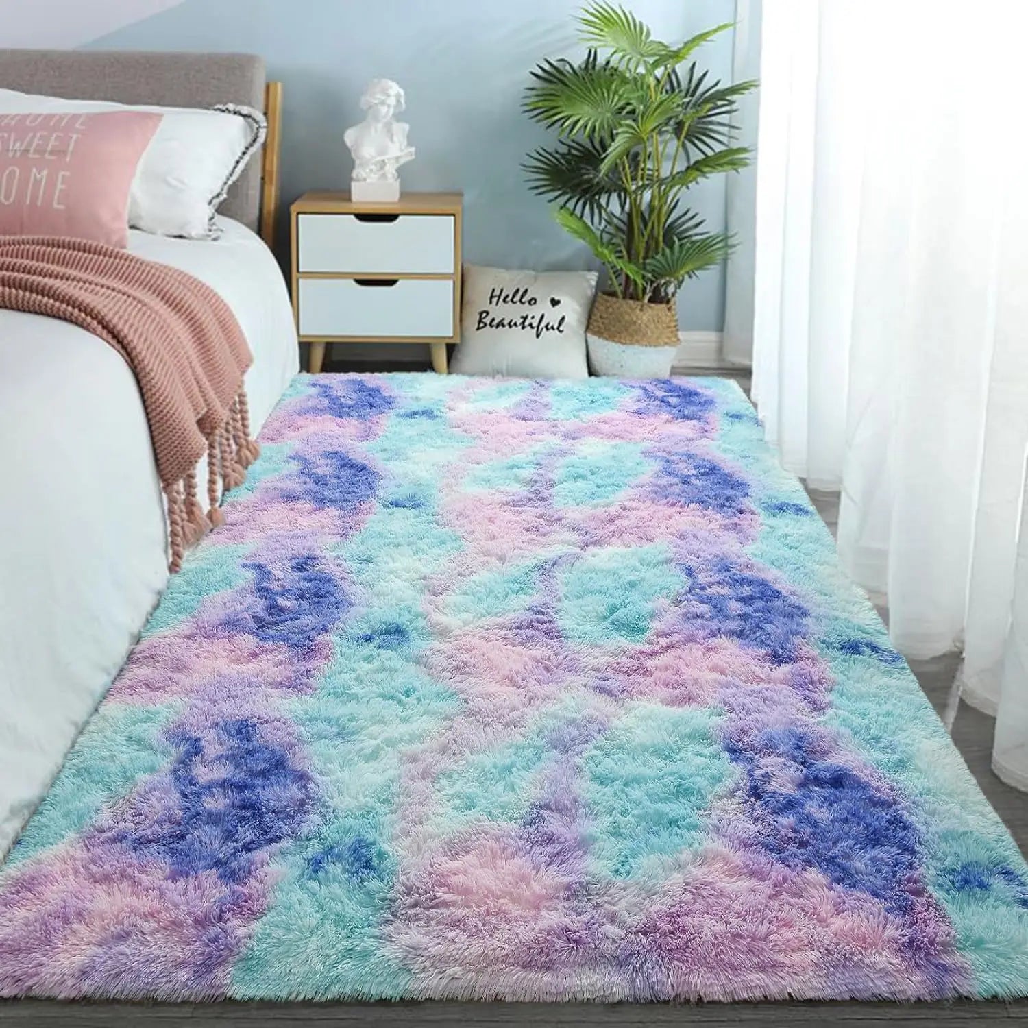 VIKAMA Tie-Dye Plush Carpet — Soft Fluffy Non-Slip Area Rug for Living Room, Kids Room & Baby Crawling