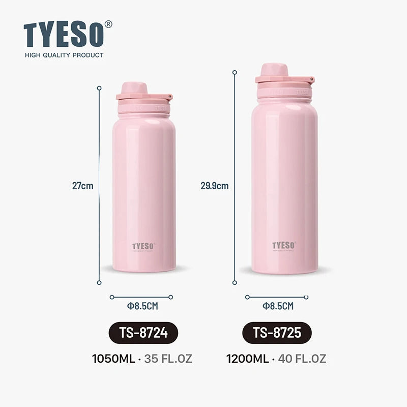 TYESO 304 SS Vacuum Thermos Bottle – Wide Mouth, Leakproof, 6–12Hr, 600–1200ml, 10+ Colors, Optional Cup Bag