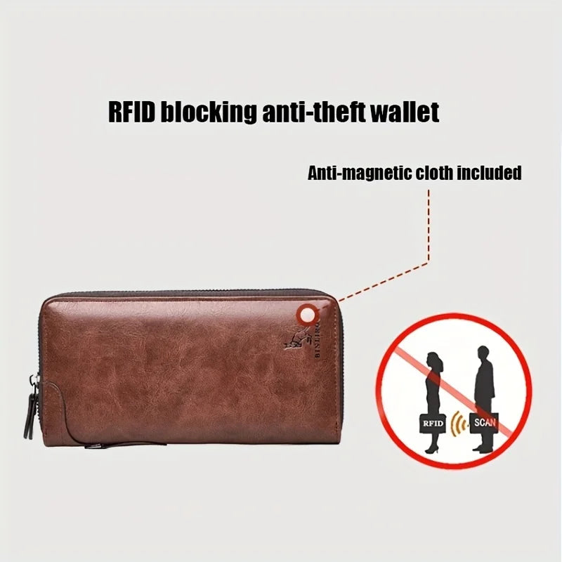RFID Blocking Long Zipper Wallet – PU Leather Business Clutch Card Holder for Men