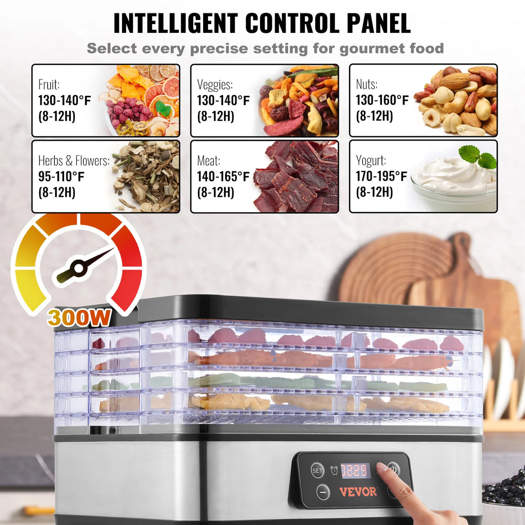 5-Tray Food Dehydrator 300W — Stainless Steel with Digital Timer & Adjustable Temperature