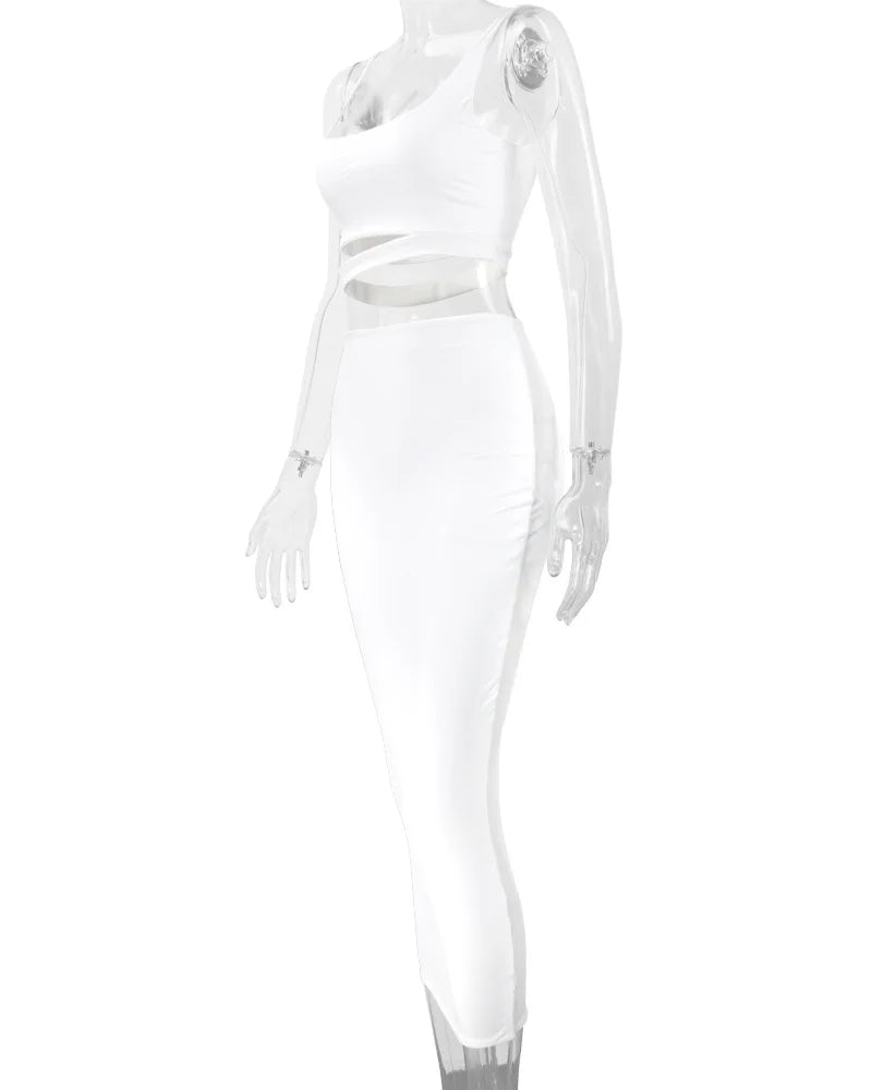 Sexy Pleated Hollow-Out Two-Piece Dress — Elegant Long Night Party Dress