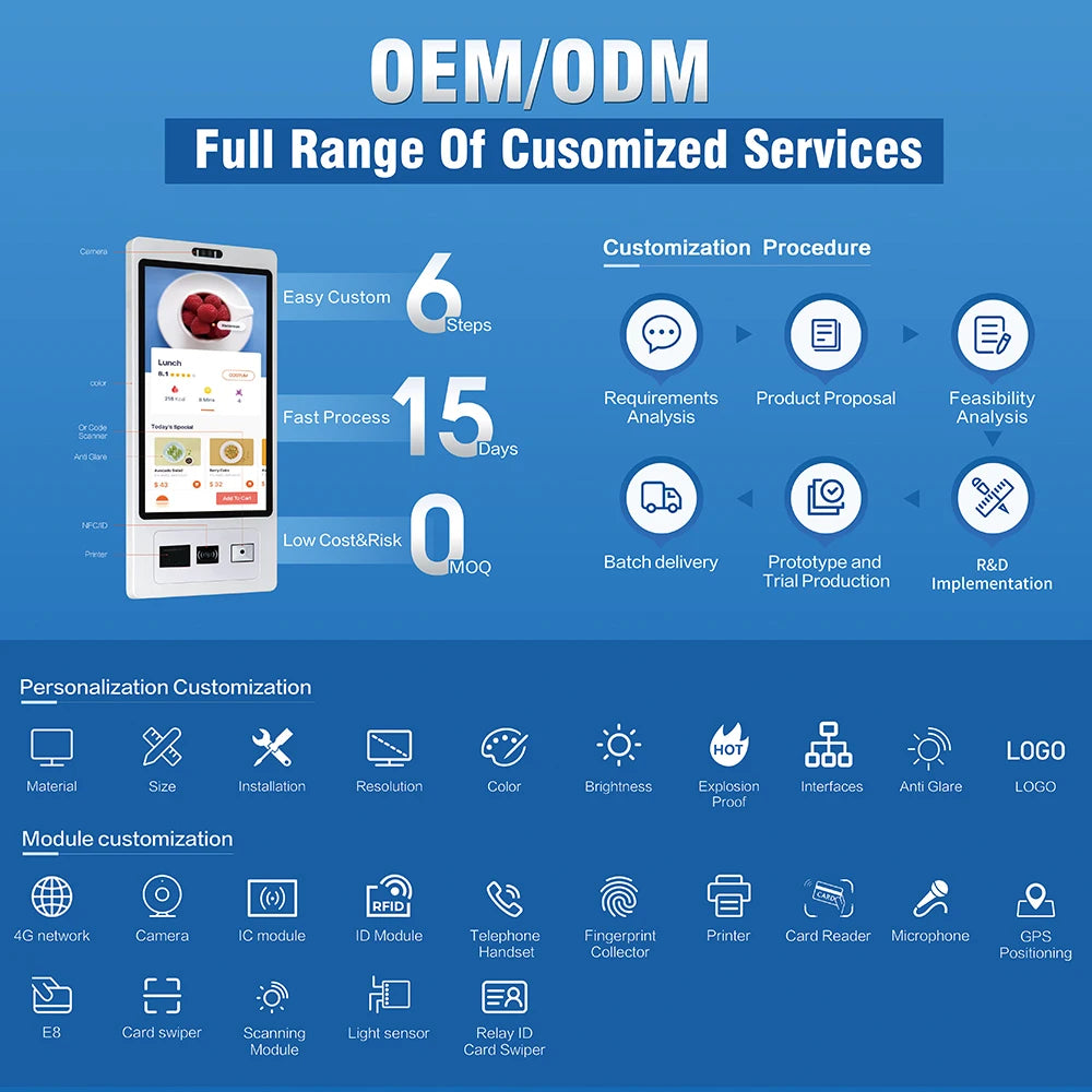 TouchWo Wall Mount Self-Service Kiosk AIO – 15.6"/21.5"/23.8", Android/Win 10/11, Checkout & Ordering