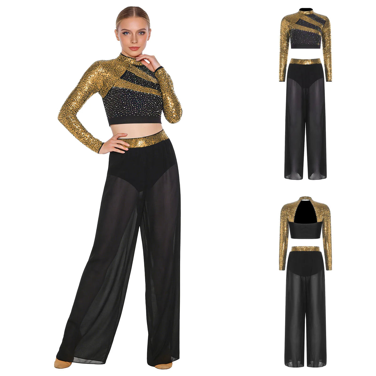 Women's Dance Performance Costume – Shiny Crop Top & Sheer Pants for Skating, Gymnastics & Ballet