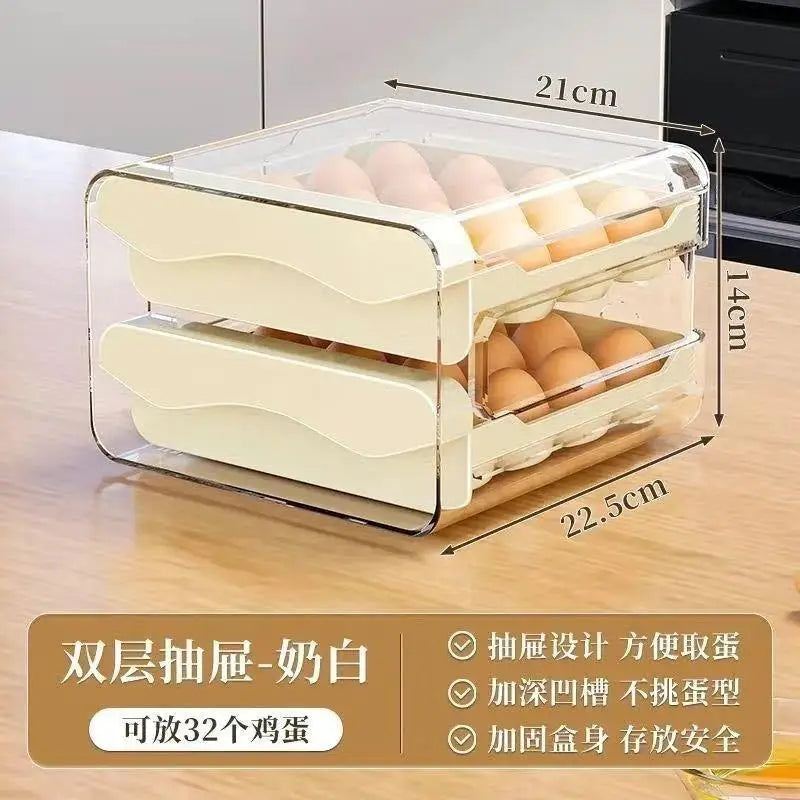 2-Layer Drawer Egg Storage Box – 32-Grid Fridge Egg Organizer, Dust-Proof & Stackable