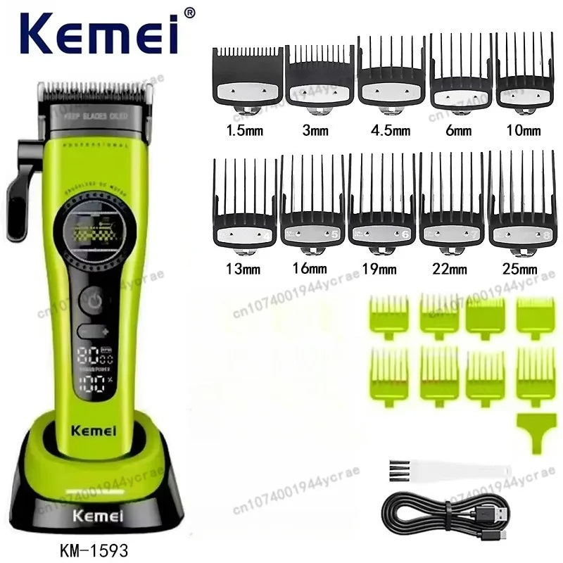 Kemei KM-1593 / KM-1595 Brushless Hair Clipper – DLC Blade, 8000 RPM, 200-Min Runtime, USB-C