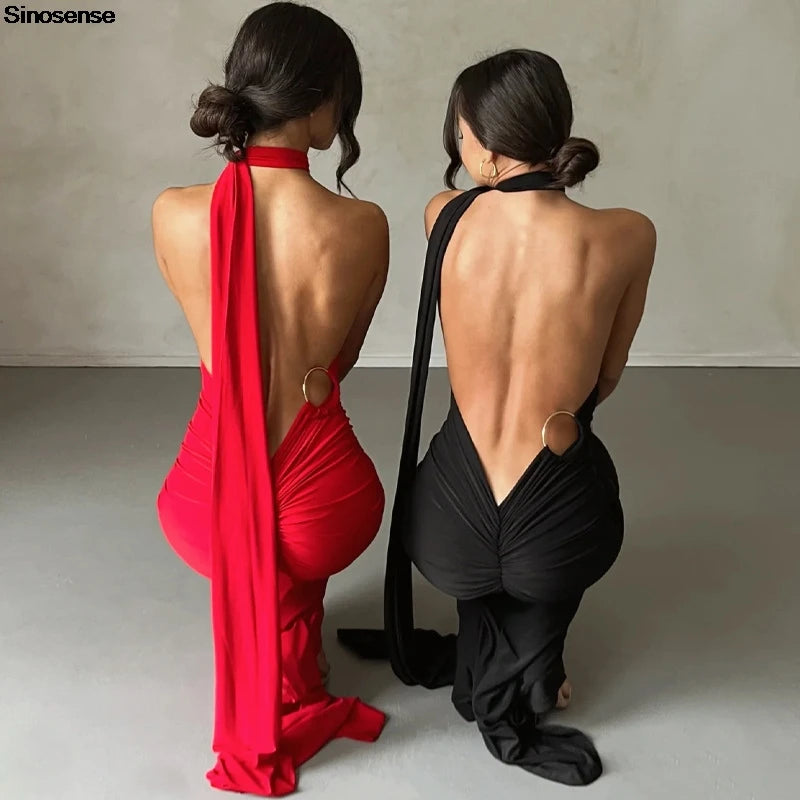Backless Ruched Slim Bodycon Maxi Dress — Elegant Formal Wedding Guest Evening Dress