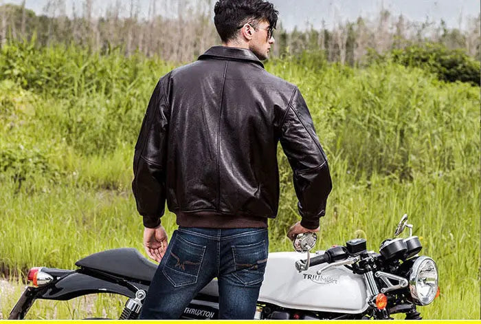 Men's Black Glossy Genuine Cowhide MA-1 Flight Jacket — Military Bomber with Point Collar