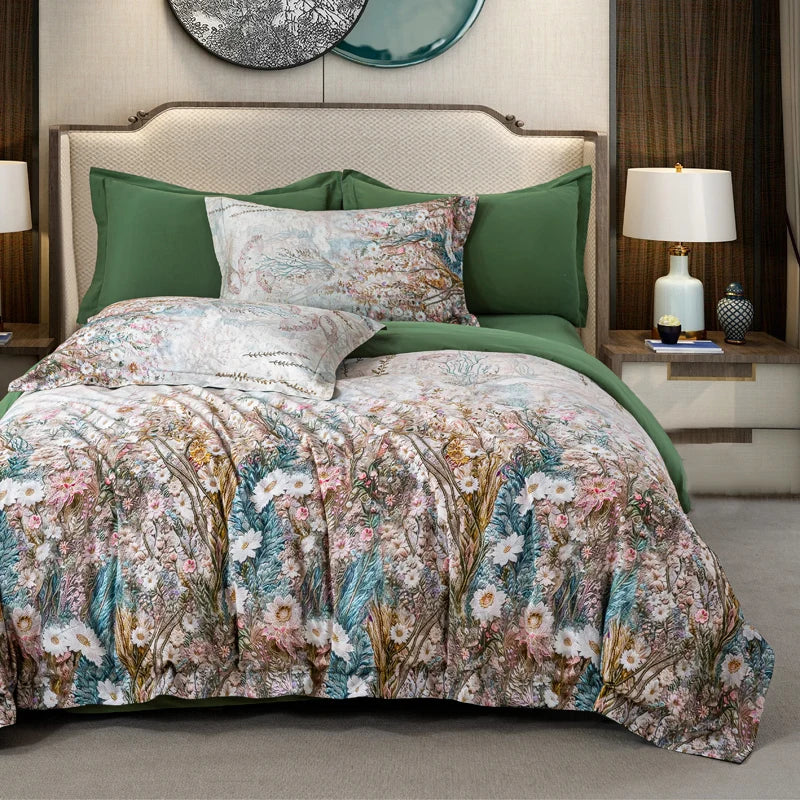 600TC Egyptian Cotton Bedding Set – Birds & Flowers Leaf Print, 16 Colors, Queen to US King