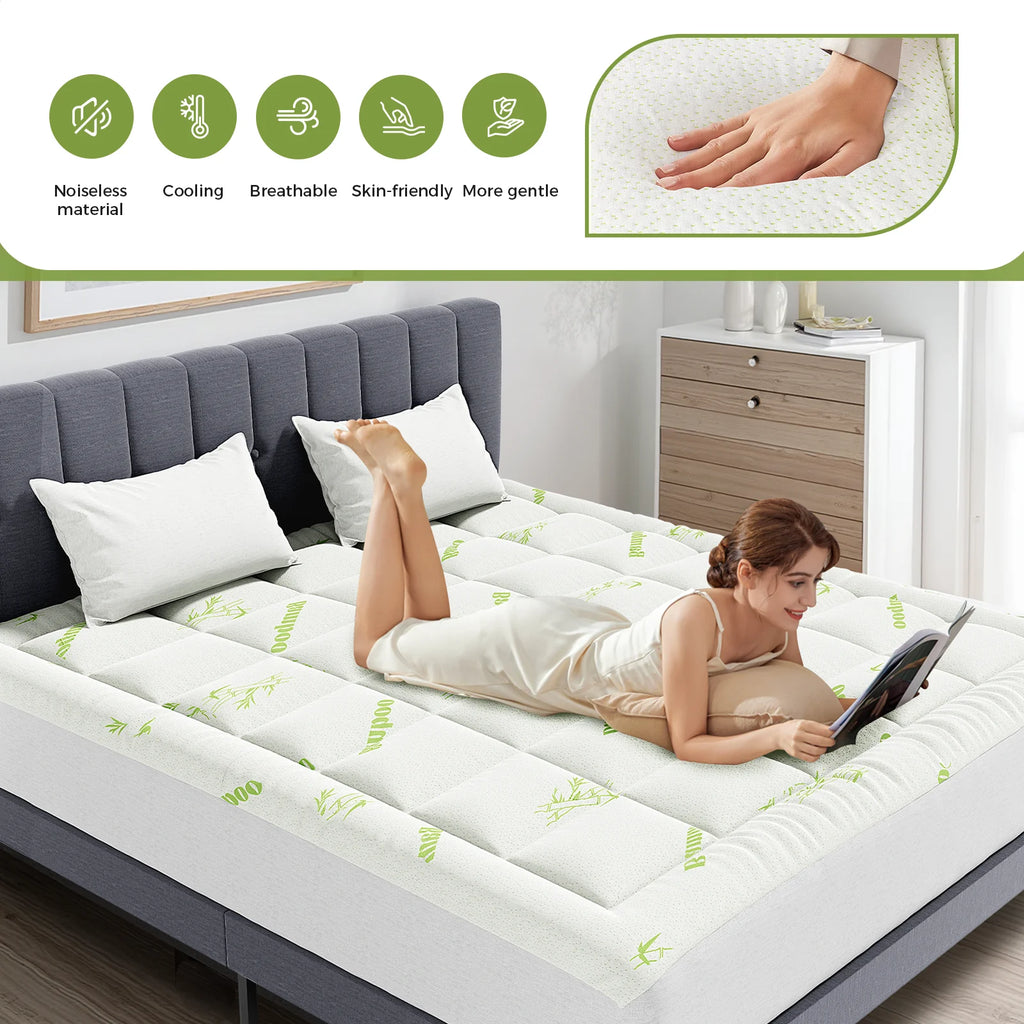Bamboo Fiber Mattress Topper – 400g Thick Cooling Pad for Back Pain Relief with Deep Pocket Fit
