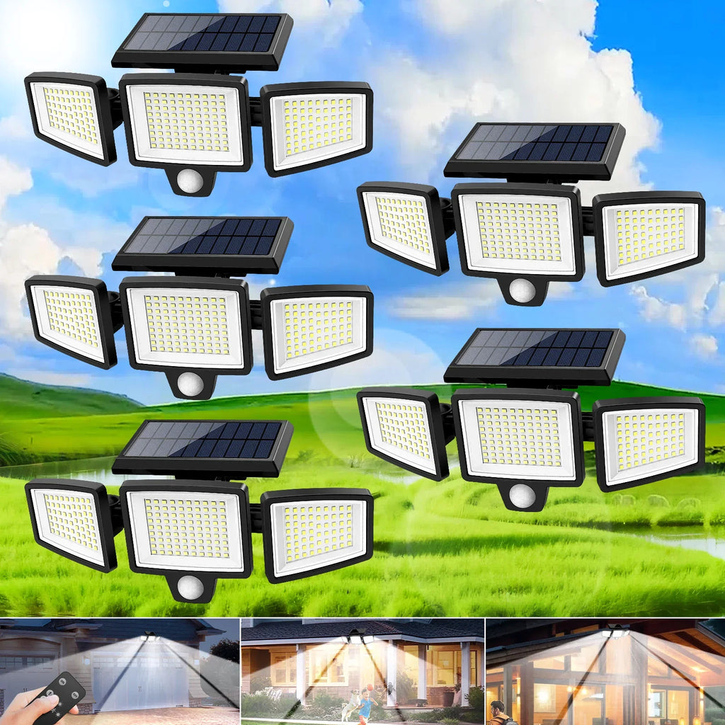 3-Head Solar Outdoor Security Light — Motion Sensor, Wireless Remote, Dimmable LED (1–5 Pack)