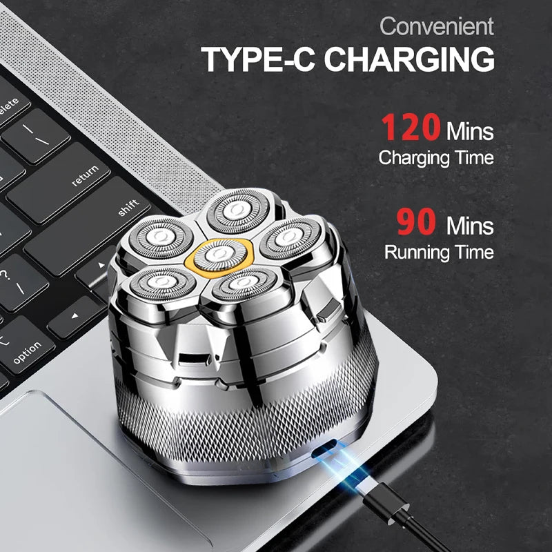 6D Magnetic Head Shaver for Bald Men – IPX8 Waterproof, LED Display, USB-C, 90-Min Charge
