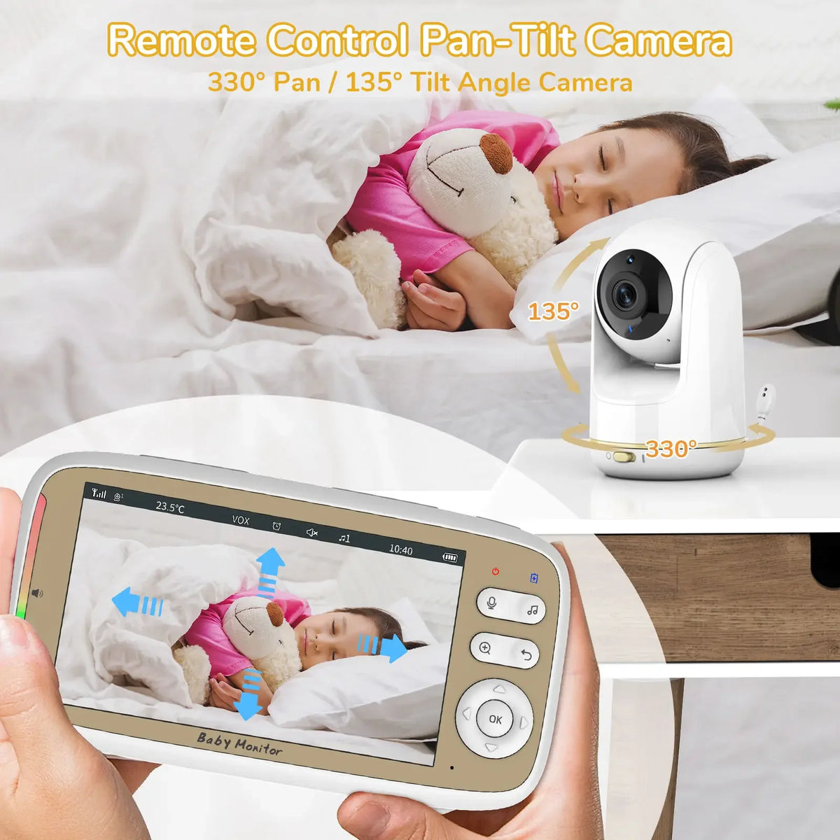 5" WiFi Baby Monitor – PTZ 355°, 3x Zoom, Night Vision, 2-Way Audio, App + Monitor, 22H Battery