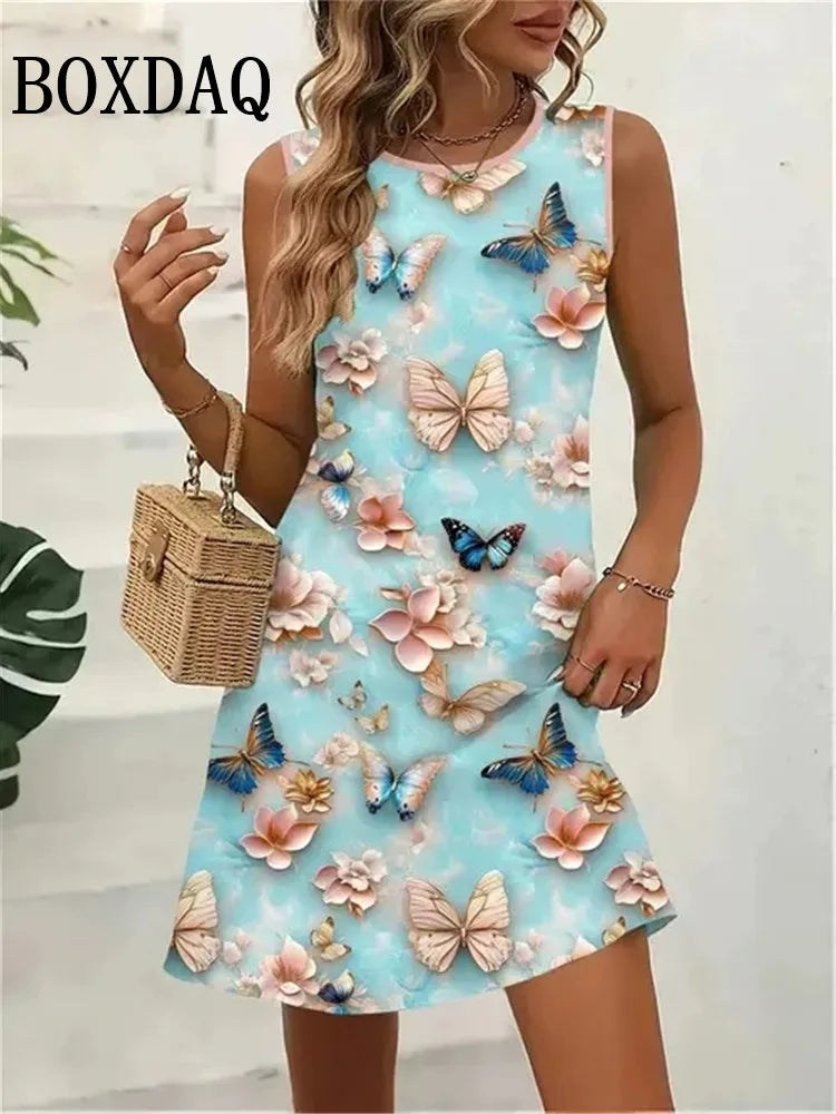 3D Butterfly Print Sleeveless Sundress — Loose Casual Vacation Beach Dress
