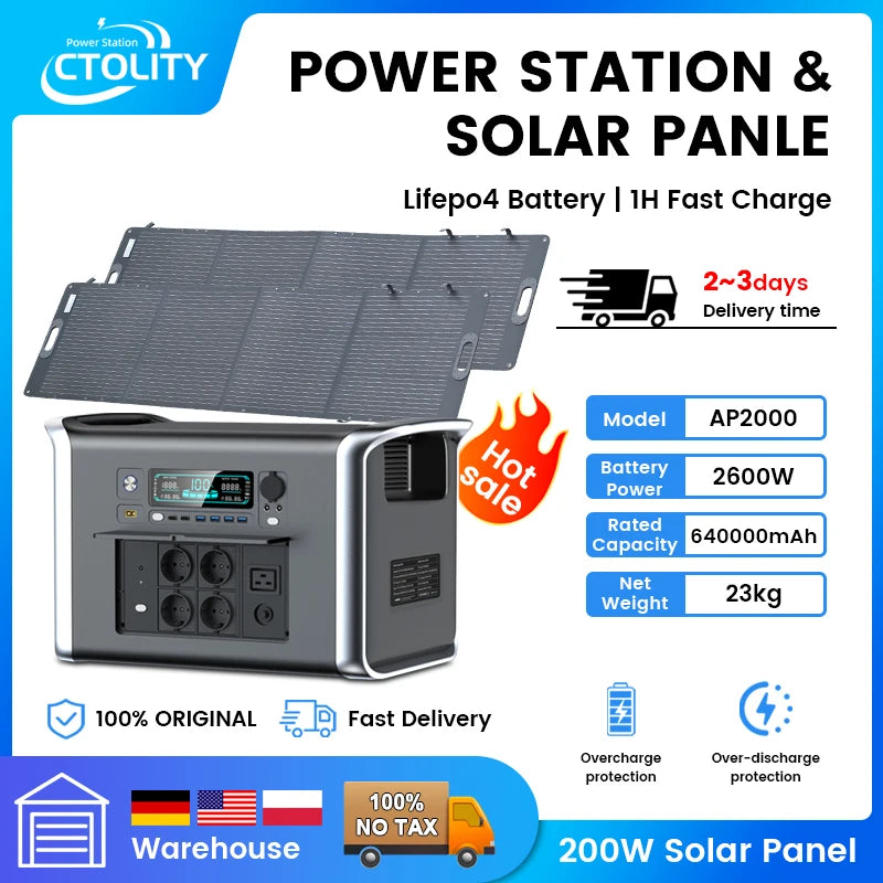 CTOLITY Portable Power Station — 1000W / 2000W LiFePO4 Solar Generator with AC Outlets