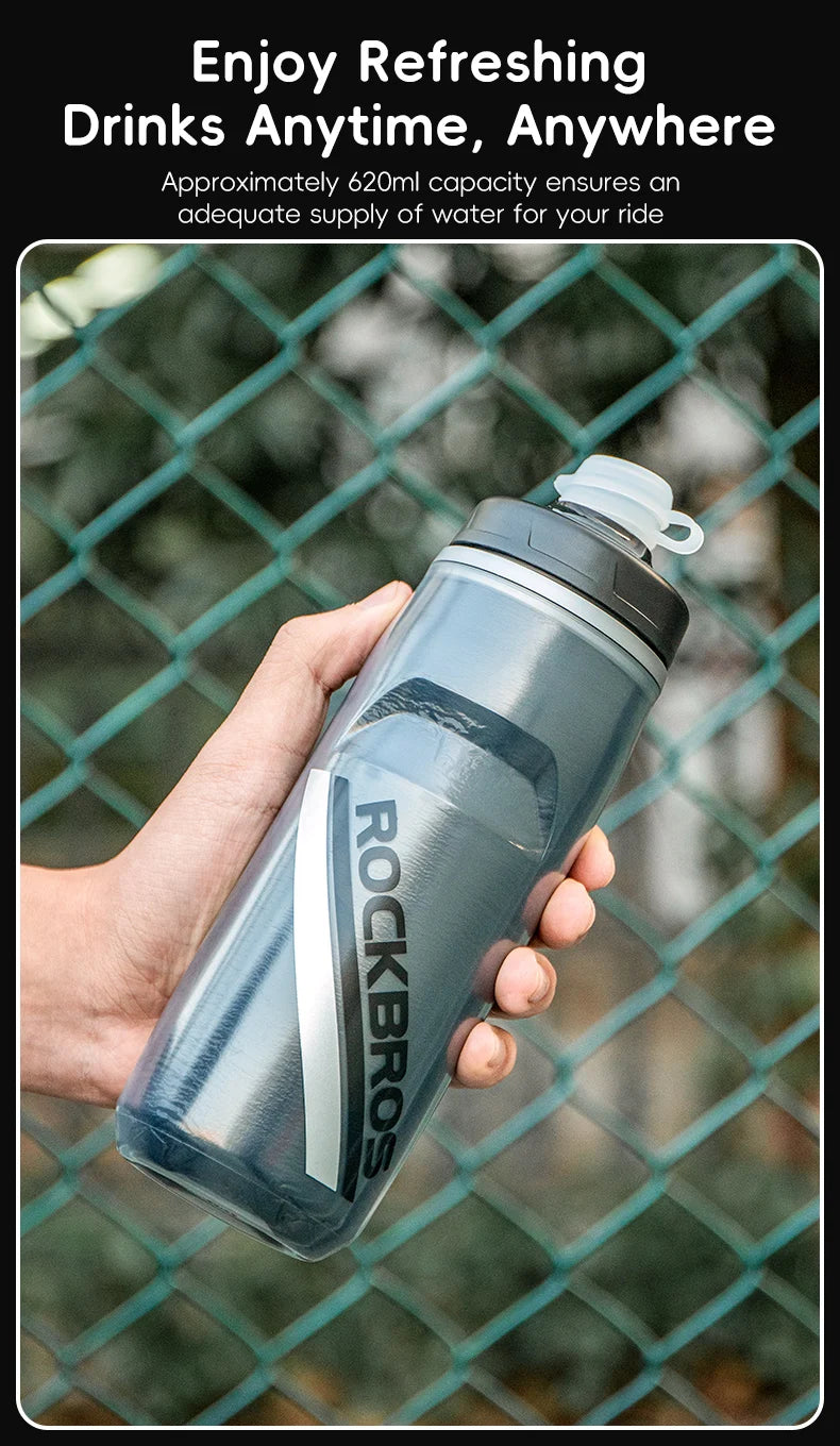 ROCKBROS 620ml Insulated Cycling Water Bottle – Thermal Triple-Layer Squeeze Bike Bottle with Silicone Nozzle