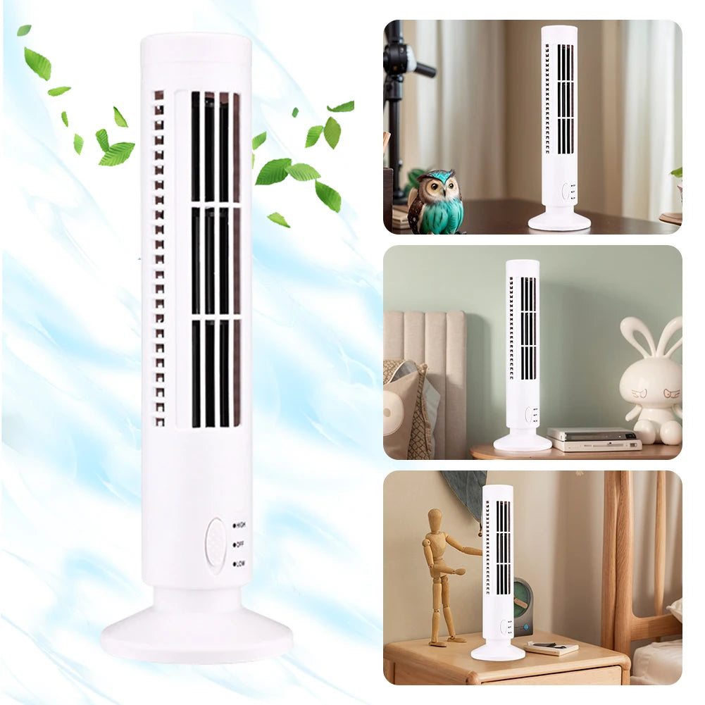 LED Bladeless Tower Fan — USB Powered, 2-Speed, Safe for Kids & Pets, Space-Saving Design