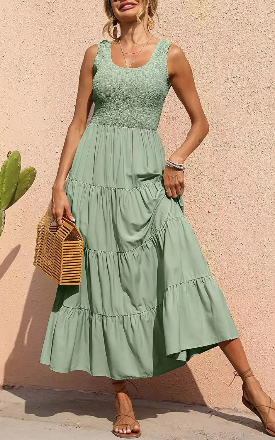 Elastic Waist Big Swing Floral Beach Party Long Dress — Sleeveless Elegant Summer Dress