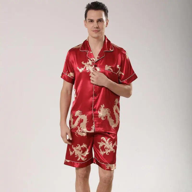 Men's Dragon Print Satin Pajama Set — Lapel Shirt & Shorts