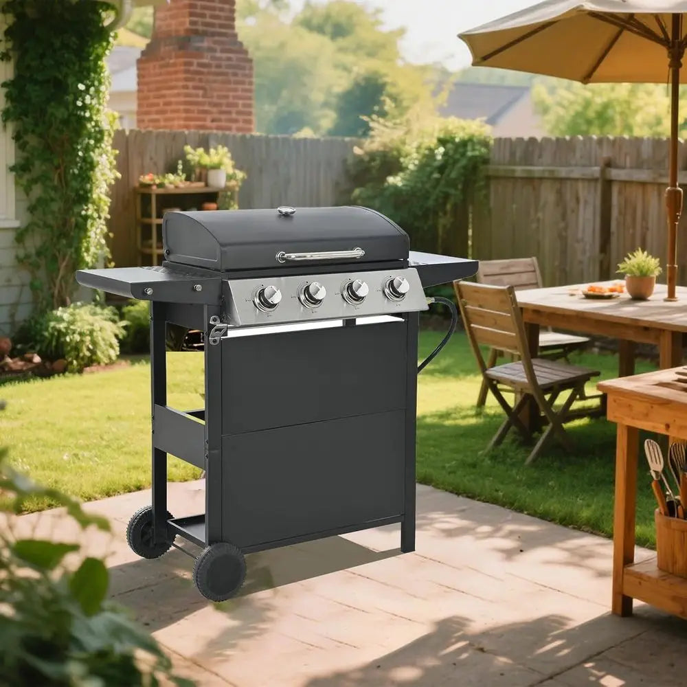 Portable 34,000 BTU 4-Burner Stainless Steel Gas Grill | Heat-Resistant Handle, Removable Grease Tray, Outdoor Patio, Backyard & Camping