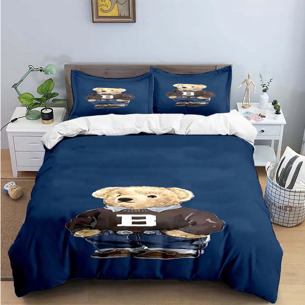Cute Bear Print Bedding Set – Duvet Cover & Bed Linen, Single to King, Adults & Teens