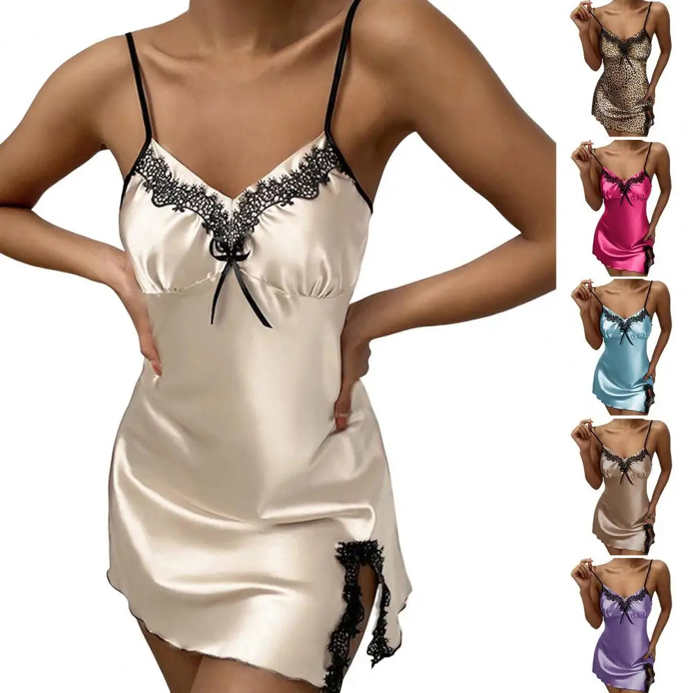 Silky Satin Spaghetti Strap Sleep Dress — Deep V Nightgown