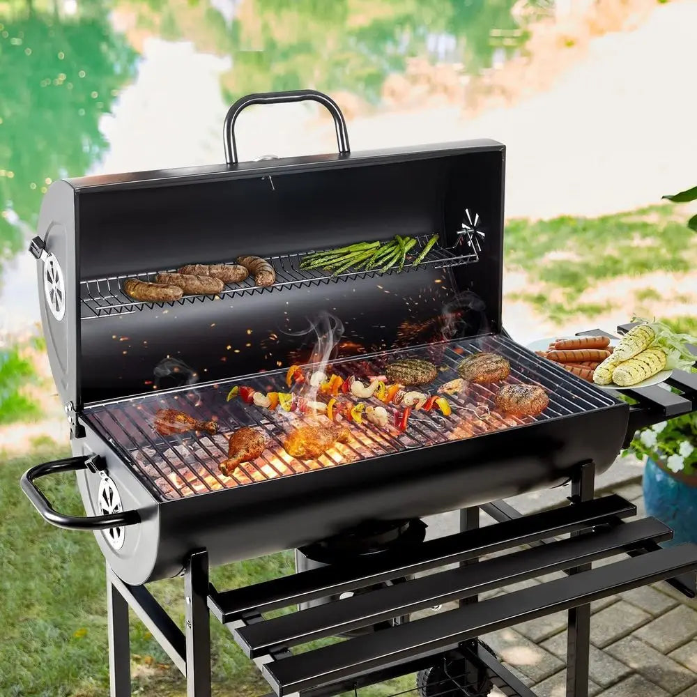 Barrel-Style BBQ Grill | 565 Sq. In., Triple Racks, Built-in Thermometer, Chrome-Plated Iron, Adjustable Ash Catcher