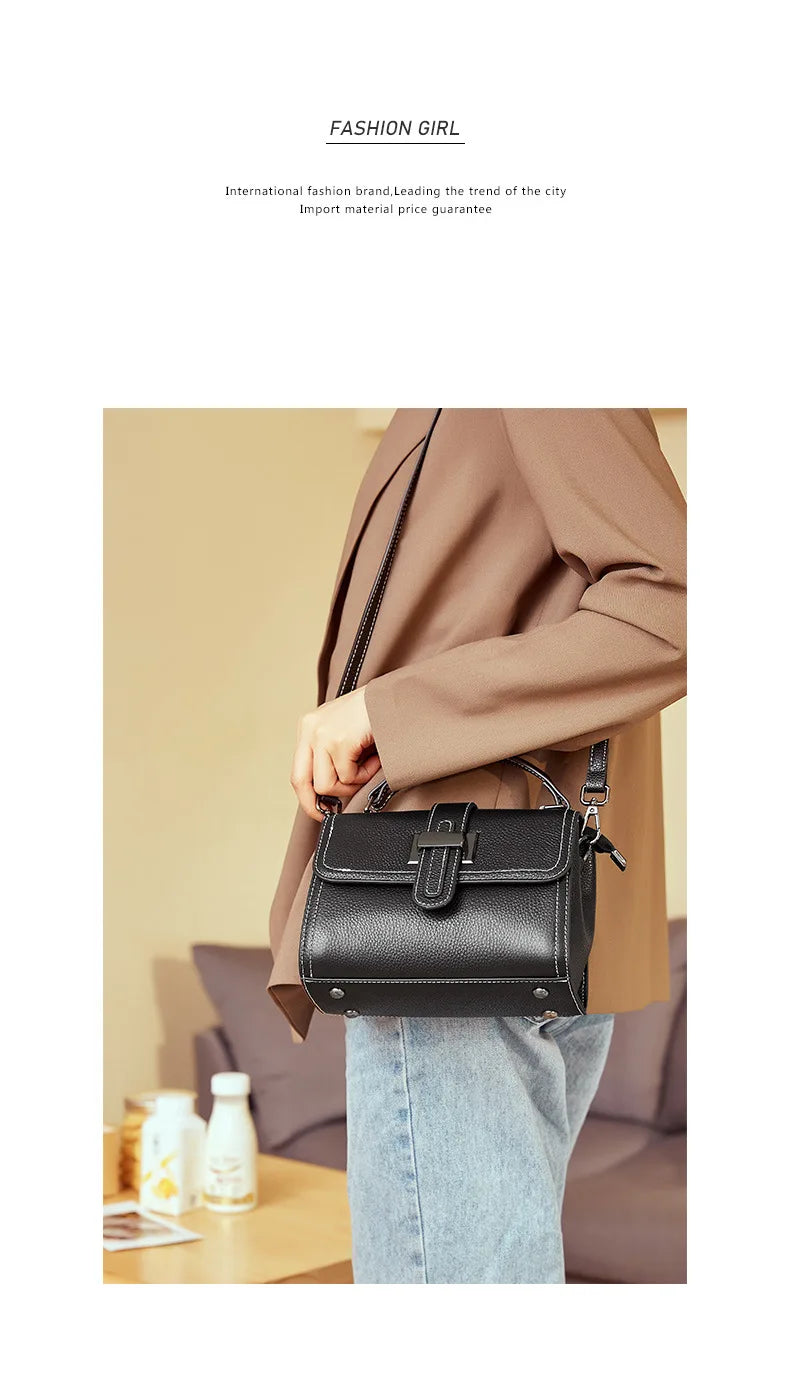 Genuine Cow Leather Square Satchel Shoulder Bag – All-Match Crossbody Messenger Handbag for Women