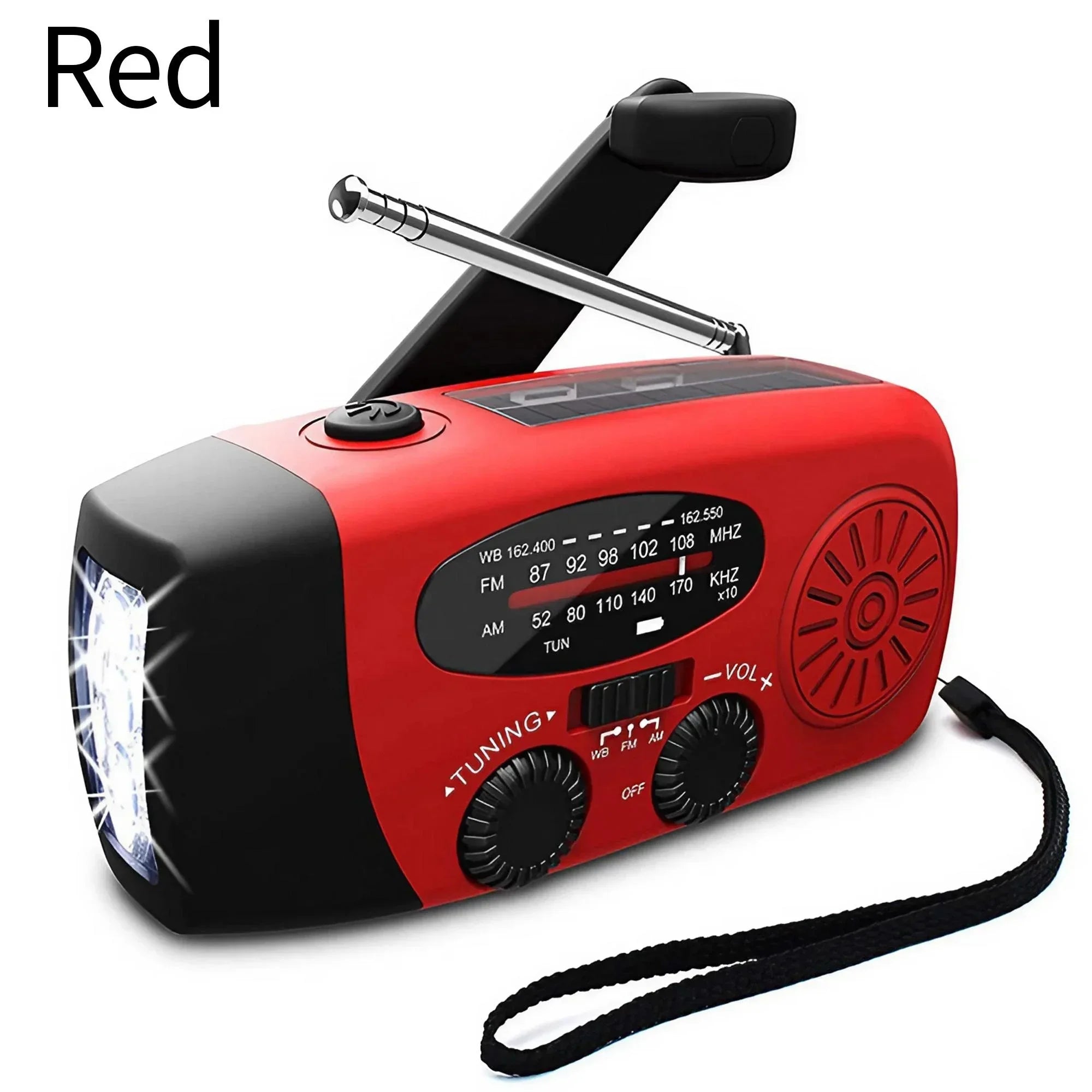 Emergency Weather Radio — FM/AM/WB, Hand Crank Solar, 2000mAh Power Bank & LED Flashlight