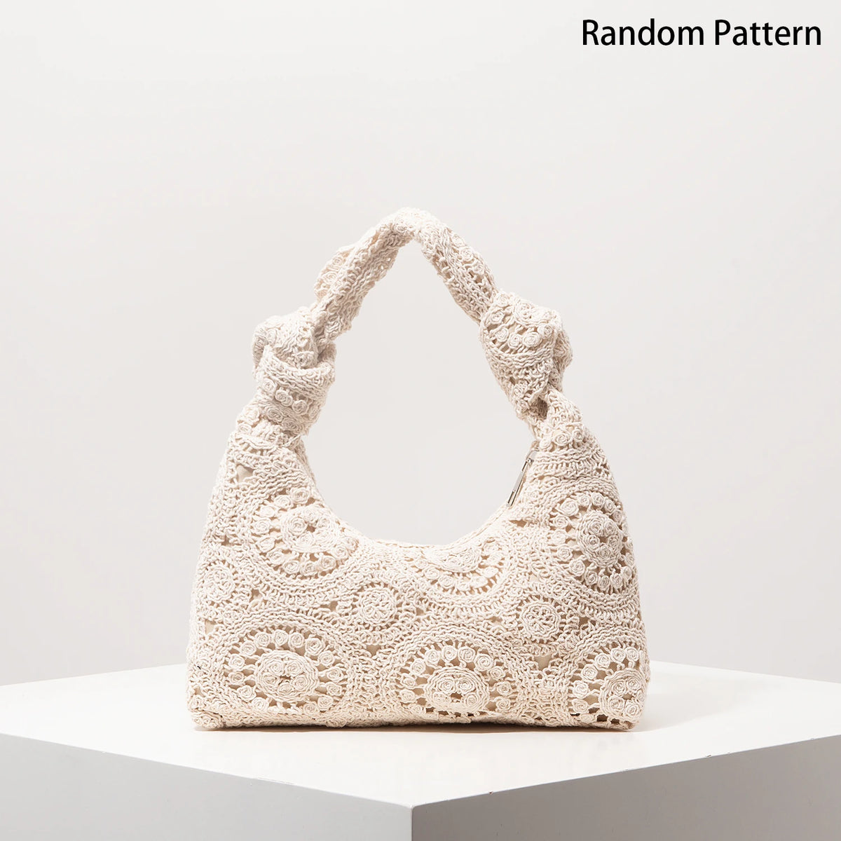 Boho Floral Half-Moon Beach Bag – Hollow-Out Polyester Shoulder Bag for Women