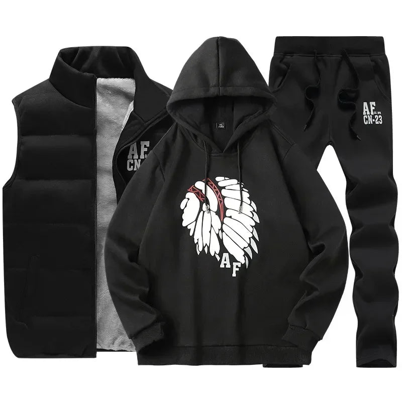 Men's 3-Piece Winter Tracksuit – Hoodie, Vest & Pants Thick Warm Set