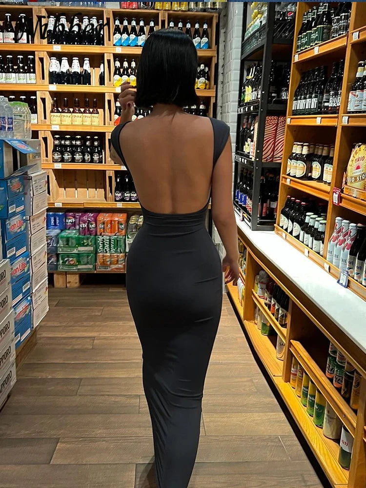 Nibber Solid Backless Bodycon Maxi Dress – Elegant Slim Short Sleeve Long Dress