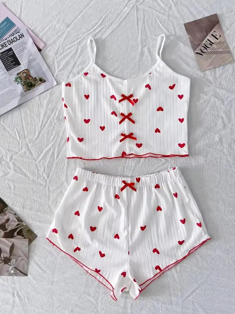 Women's Heart Print Frill Trim Cami Top & Shorts Loungewear | Soft Ribbed Pajama Set