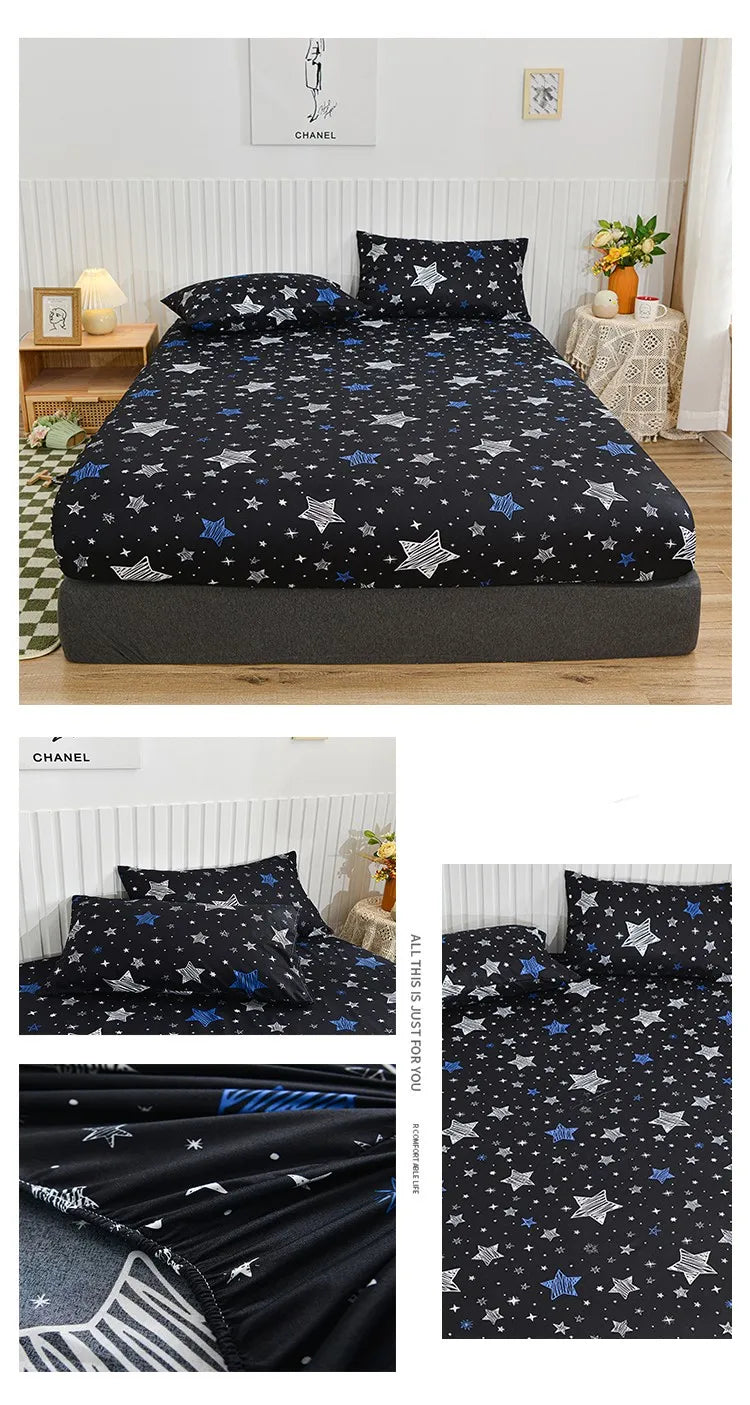 Marble Print Fitted Bed Sheet – Elastic Band, Single to King, All-Around Bed Cover