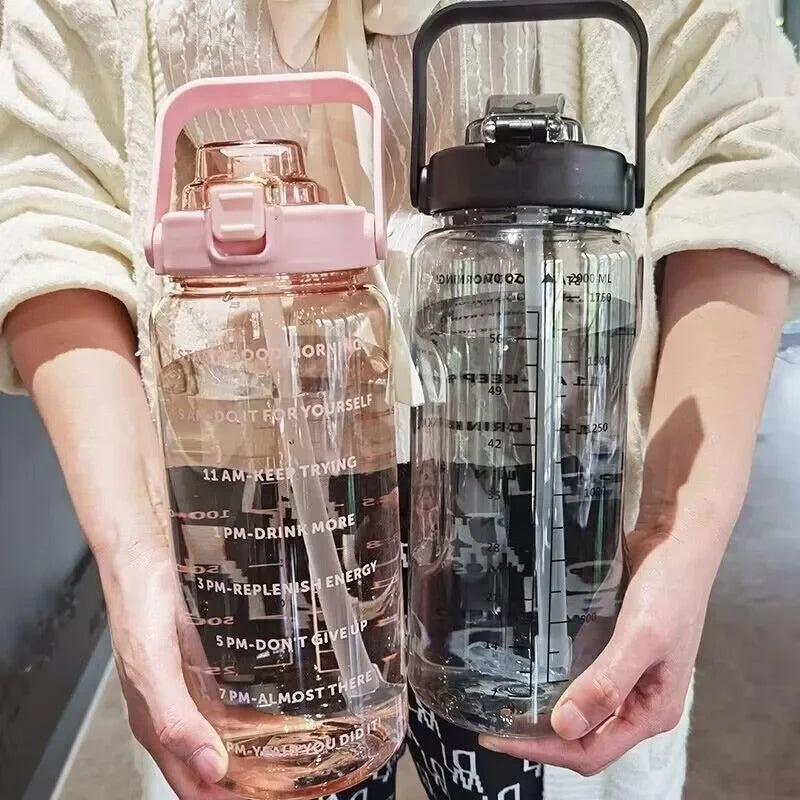 2-Liter Motivational Sports Water Bottle with Straw & Time Markers – BPA-Free PC, Wide Mouth, One-Click Lid, CE Certified