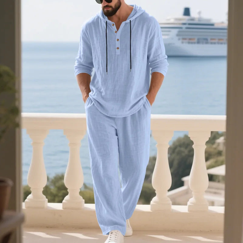 Men's Linen Casual Loose Hooded Henley Shirt & Long Pants Set – Relaxed Autumn 2-Piece Suit