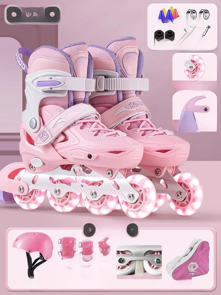 Inline Roller Skate Shoes with Helmet & Pads Set – Flashing 4-Wheel Beginner Adult Unisex Outdoor Skating