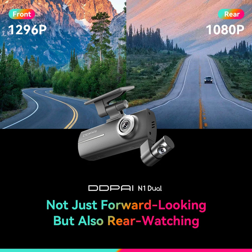 DDPAI N1 Dual Dash Cam – 1296P Front & Rear NightVIS Car DVR with App Control
