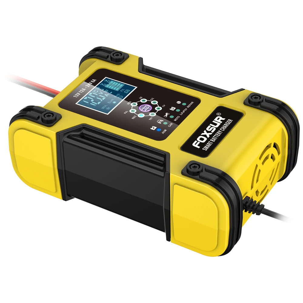 Foxsur Automatic Car Battery Charger 12V 12A – Digital Display Pulse Repair for Wet Dry Lead Acid Batteries