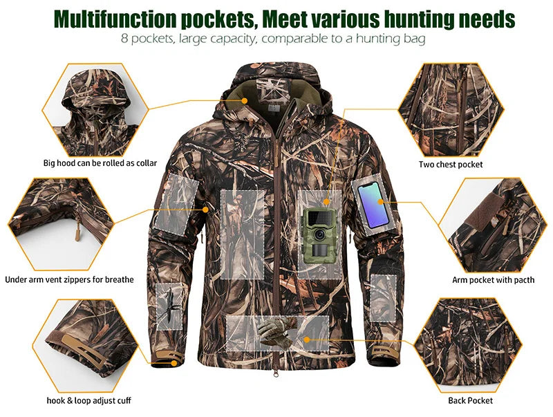 Men's Silent Soft Shell Camouflage Tactical Jacket — Waterproof Fleece Hunting Coat