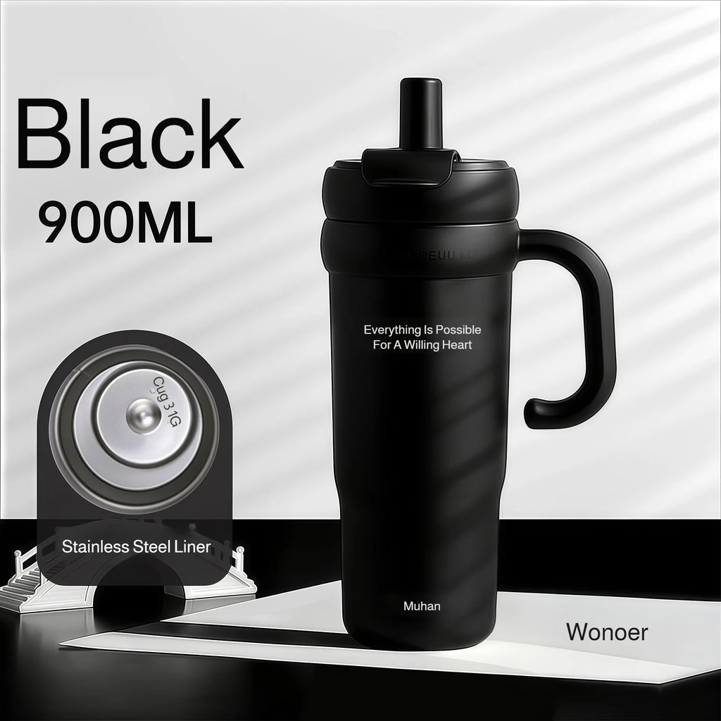 900ml Ceramic Interior Tumbler with Handle & Straw – 201 SS Shell, Dishwasher Safe, 24Hr Cold, Modern Minimalist, 3 Colors