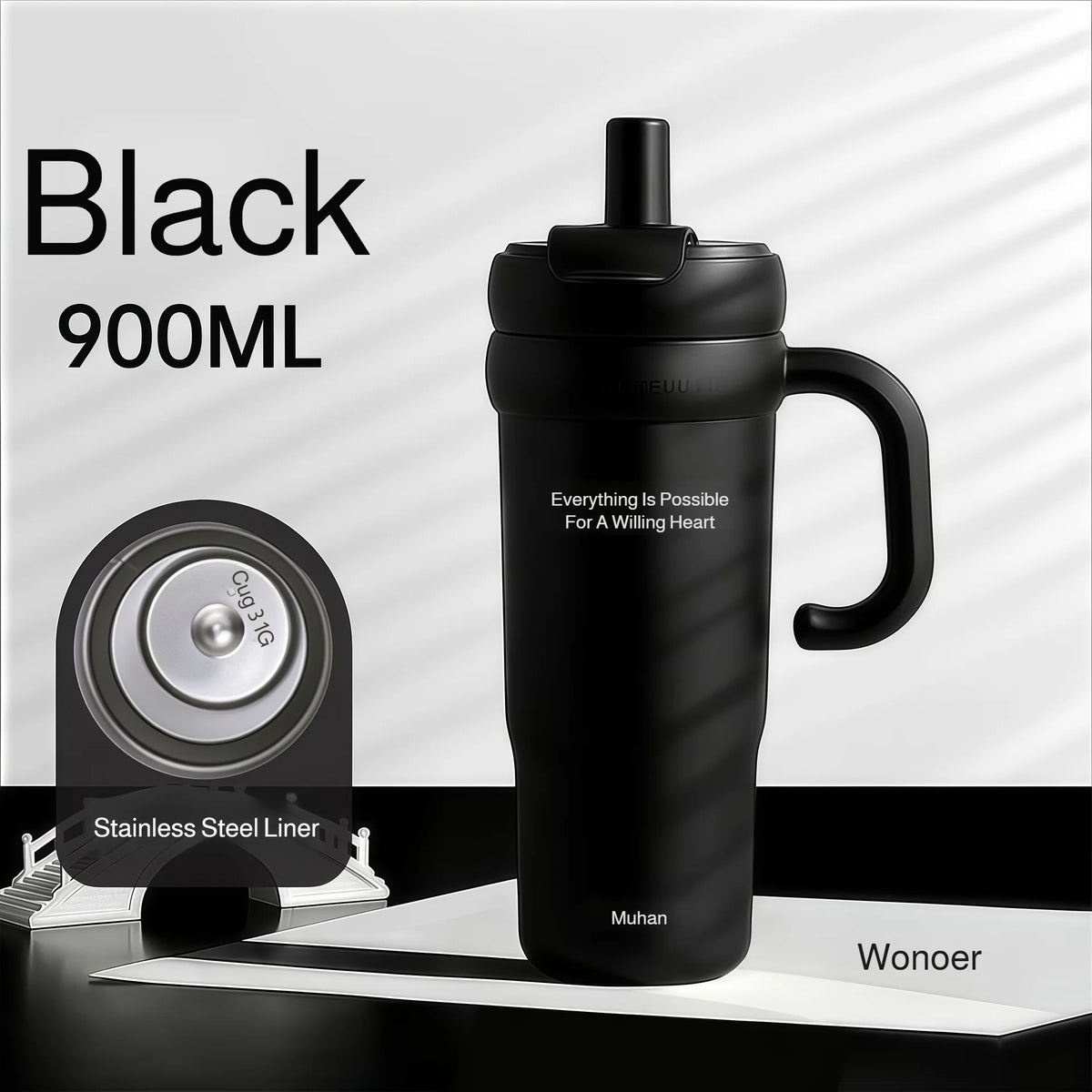 900ml Ceramic Interior Tumbler with Handle & Straw – 201 SS Shell, Dishwasher Safe, 24Hr Cold, Modern Minimalist, 3 Colors