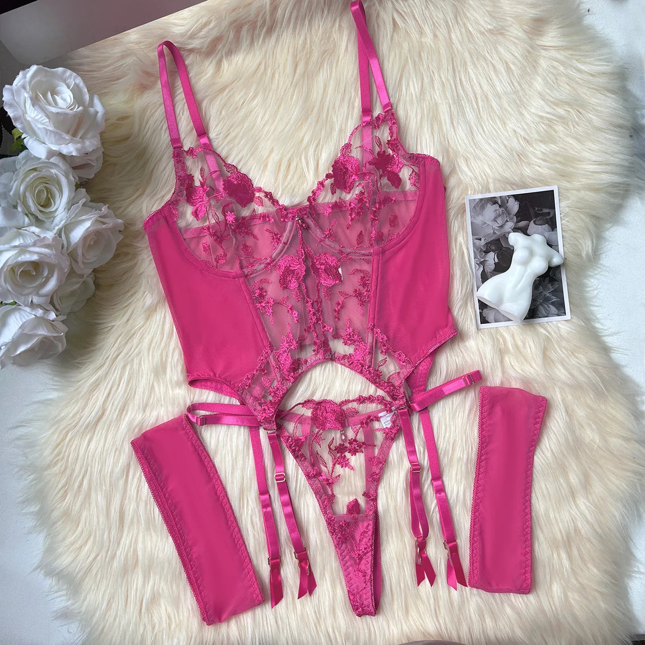 Sheer Embroidery Bra & Brief Set — Transparent Lace Underwear Suit